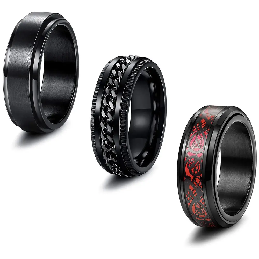 Fashion black Stainless steel wedding ring Black Steel chain Men Women Celtic Dragon inlaid red carbon fiber jewelry ring