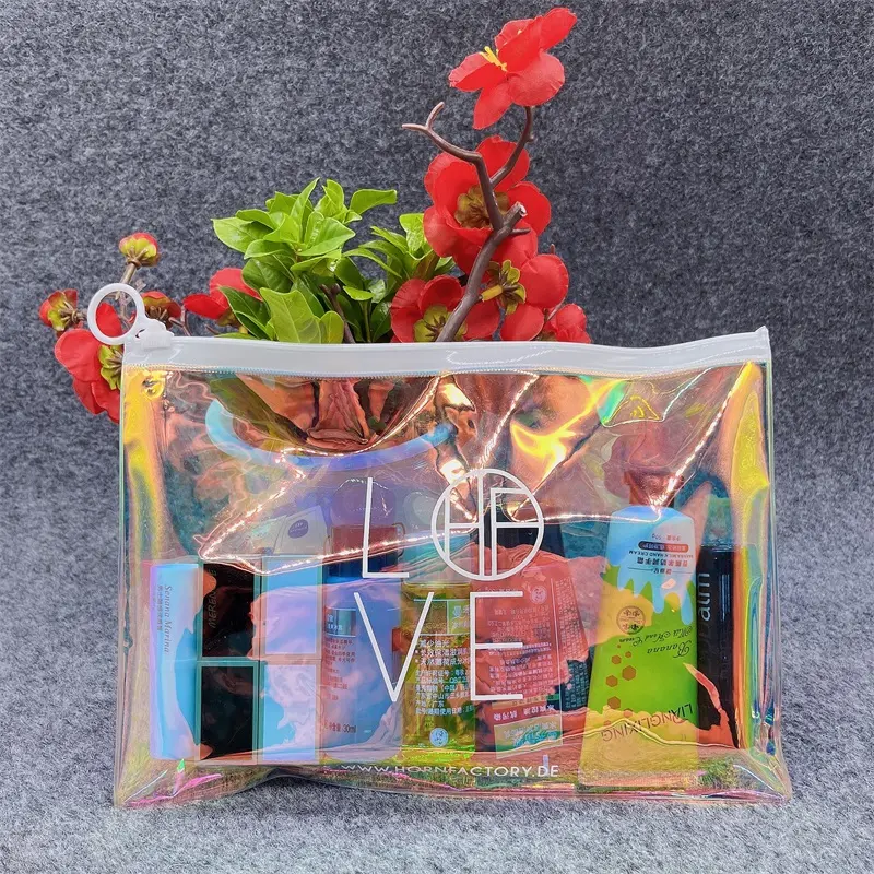 Sac à glissière en plastique PVC holographique personnalisé, pochette à glissière Laser, pochettes d'emballage holographiques pour produits cosmétiques de maquillage et de soins de la peau