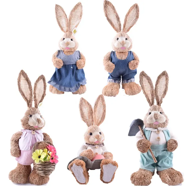 Low MOQ Nature Grass Straw Easter Rabbit Bunny Toys Wholesale Big Ear Bunny Doll Decoration