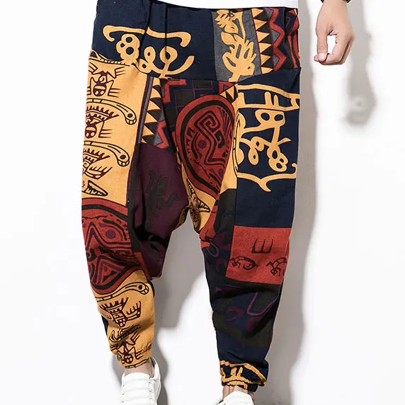 Hosen Männer Lässige Hip Hop Streetwear Baumwolle Leinen Druck Patchwork Long Cargo Pants