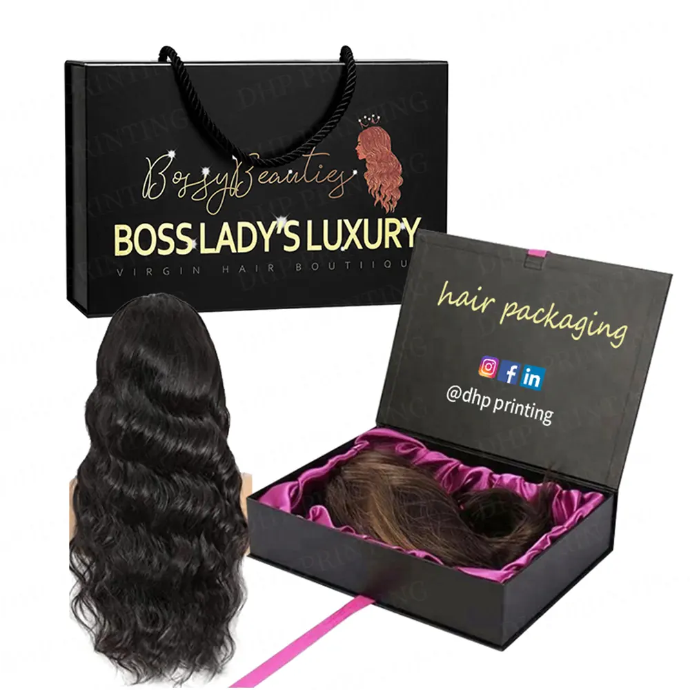 Luxo Grande Profundo Retangular Rose Gold Satin Lace Pacotes Peruca De Cabelo Humano Embalagem Caixa Dobrável Para Peruca Produtos De Cabelo De Negócios