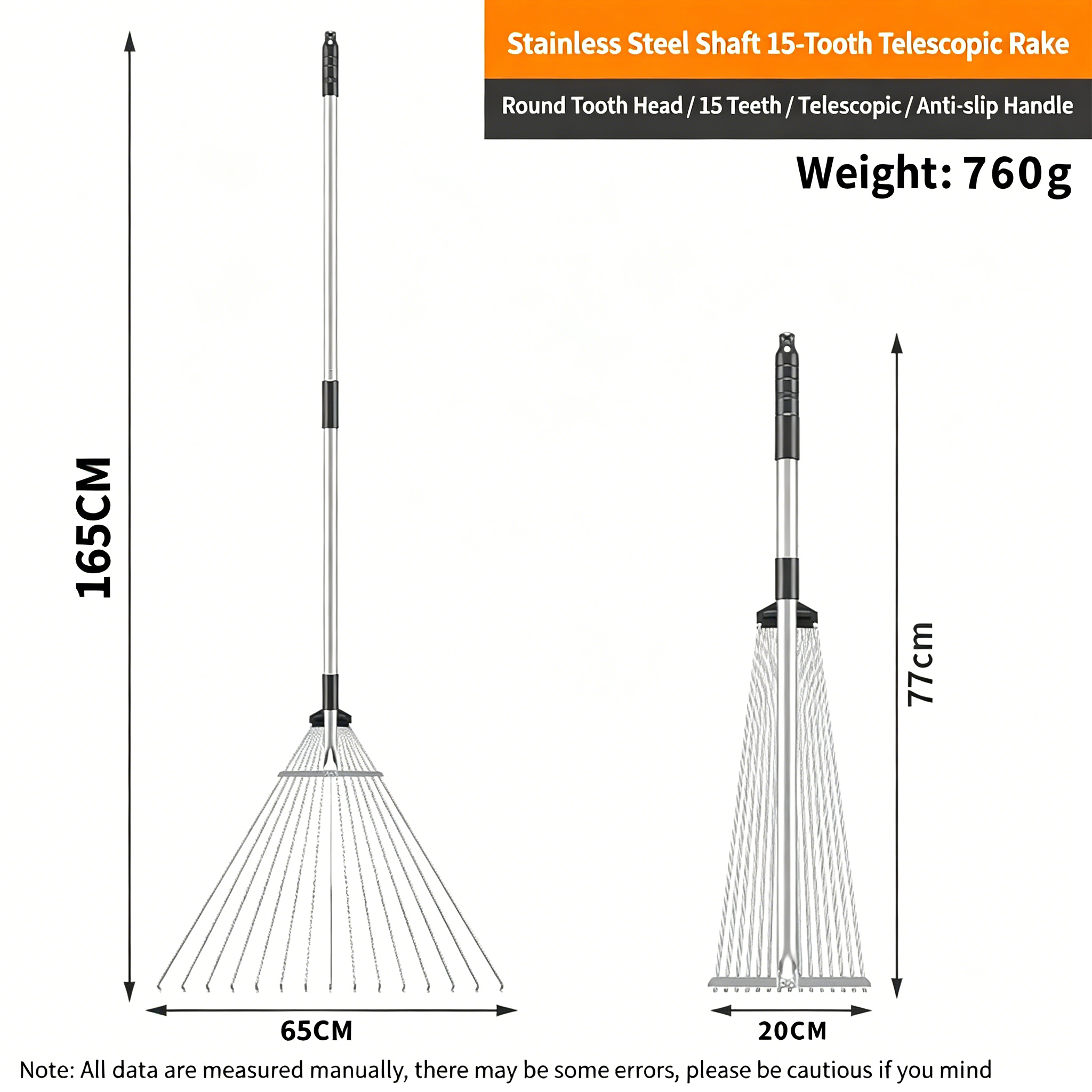 Râteau télescopique à 15 dents en acier inoxydable, grande tête, 78-167 cm