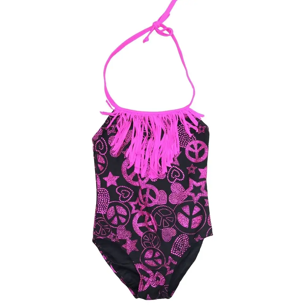 Traje de baño Halter de una pieza para niñas con flecos rosas Traje de baño para niñas pequeñas con telas de serigrafía de aluminio AOP Nylon Spandex