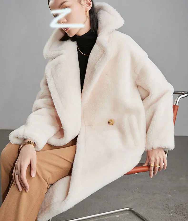 Vestuário longo de inverno para mulheres, popular, grande, de lã, outwear, real, ovelha, pele de pelúcia, casaco de pelúcia, plus size
