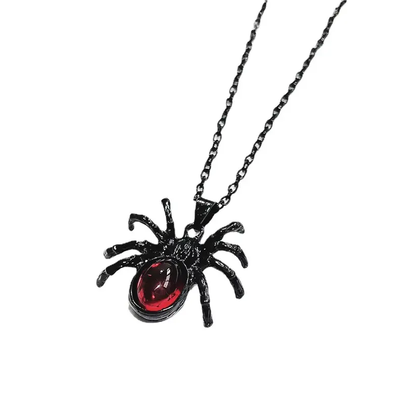 Kalung liontin laba-laba kristal merah Gothic, Perhiasan batu Punk Vintage serangga untuk wanita