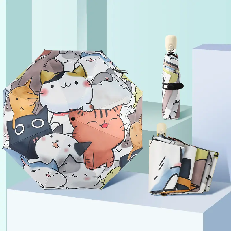 Automatic Three-folding Umbrella 8K Cartoon Kitten Printing Cat Umbrella for Male and Female
