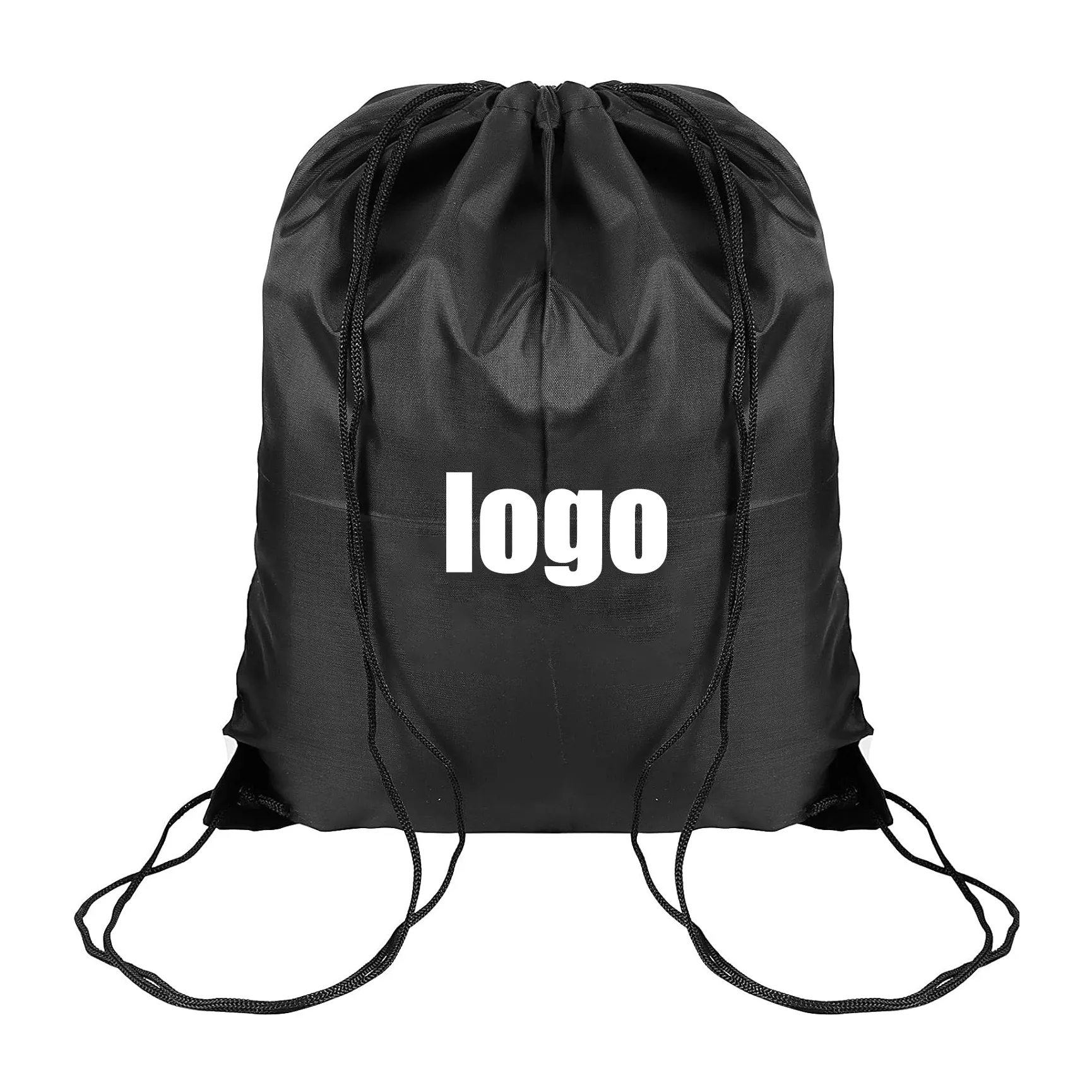 Mochila de poliéster para viagens barata, mochila portátil para esportes, sacos pretos com cordão e logotipo impresso personalizado