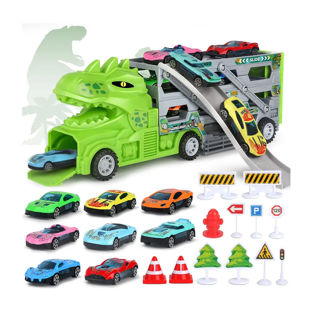 Dinosaurier Transport Car Carrier Truck Spielzeug für Jungen Mädchen 24 Pcs Hauler Truck mit Autos pielzeug und Verkehrs zeichen Car Launcher für Kinder
