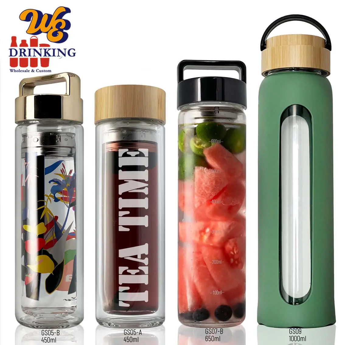 500ml 650ml 1000ml sans BPA borosilicate double paroi en verre thé fruit infuseur bouteilles d'eau en verre avec couvercles en bambou