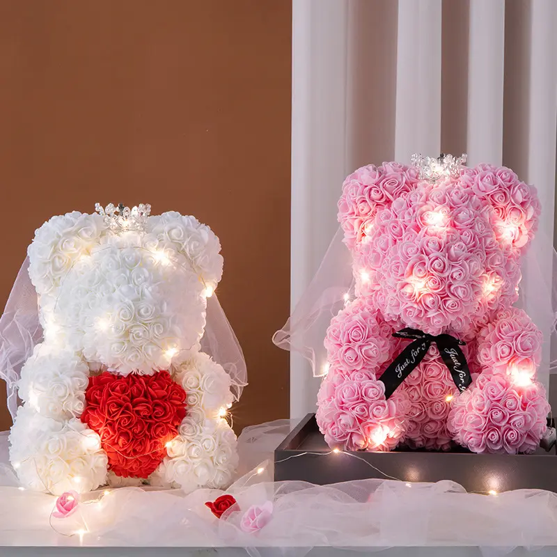 25Cm da te orsacchiotto rosa con scatola di fiori artificiali Pe orso rosa san valentino per la fidanzata moglie regali per la festa della mamma