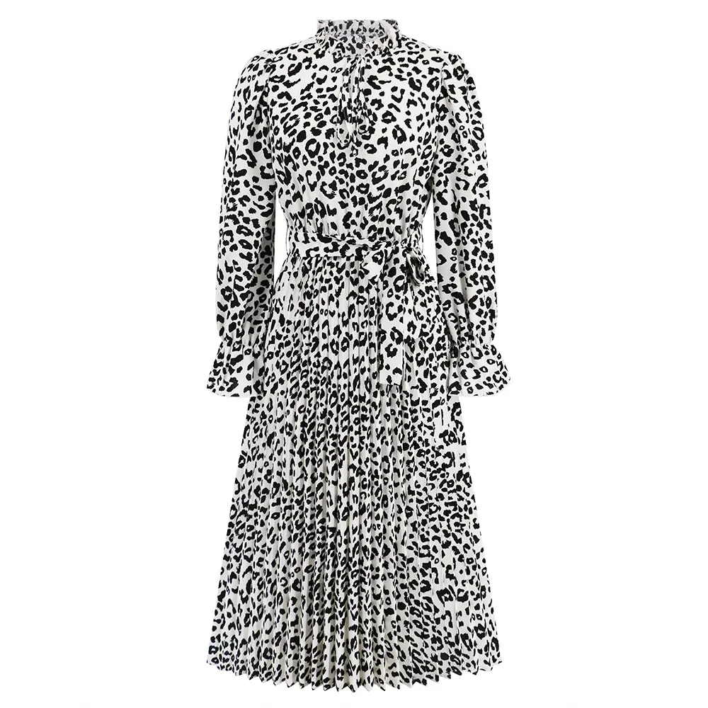 2023 automne/hiver femmes nouveau Slim Fit Style motif léopard col debout à lacets robe plissée décontracté mi-longueur robe