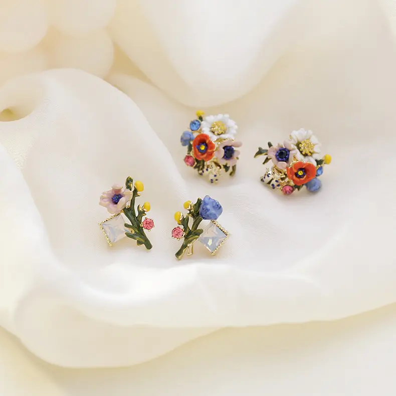Nuovo arrivo stile francese 925 argento Post colorato fiore orecchino Multi colori goccia di olio smalto fiore orecchini per le donne