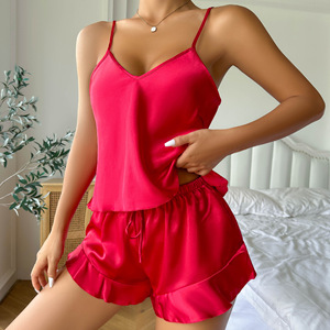 Yaz Cami Set ipek pijama lüks kadın seksi Loungwear leke Cami kadınlar için üstleri ve şort pijama pijama