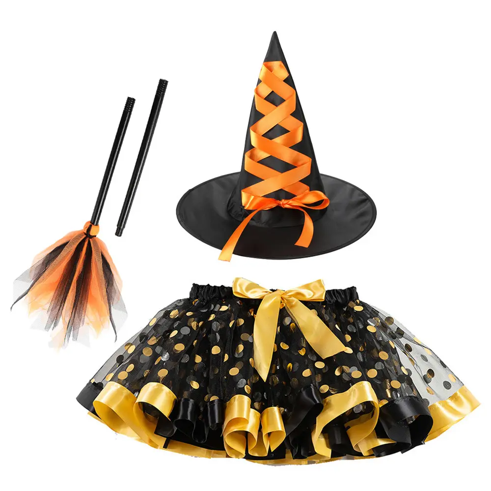 CM072 маленькая ведьма в горошек юбка-пачка со шляпой метла для От 3 до 8 лет девочек костюм для Хэллоуина для косплея