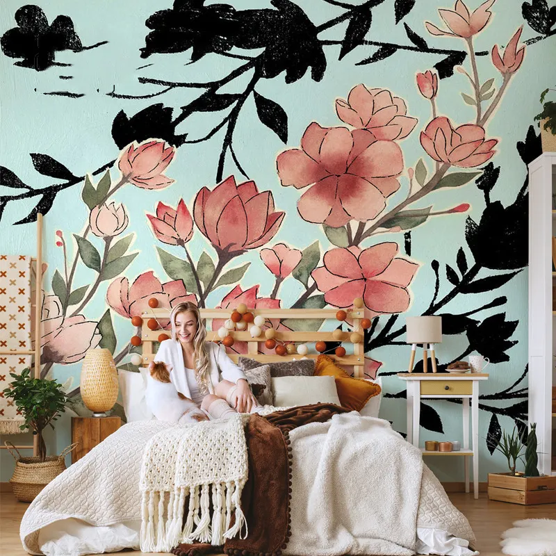 Ручная роспись цветы цветочные обои креативная гостиная ТВ фон обои росписи спальни настенные покрытия