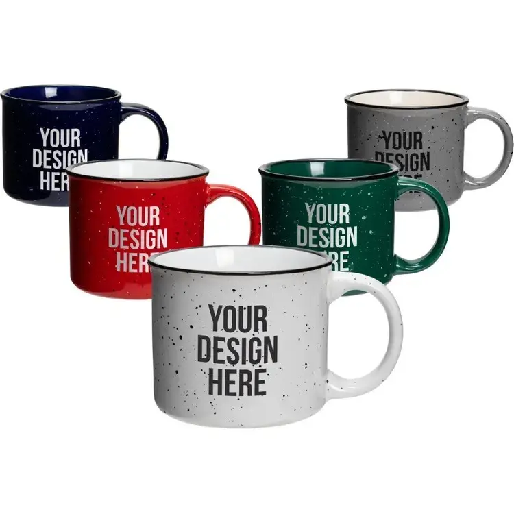 Taza clásica manchada Vintage de 15oz personalizada para acampar, taza con logotipo impreso, gres esmaltado, tazas de café de cerámica personalizadas para fogata, regalo