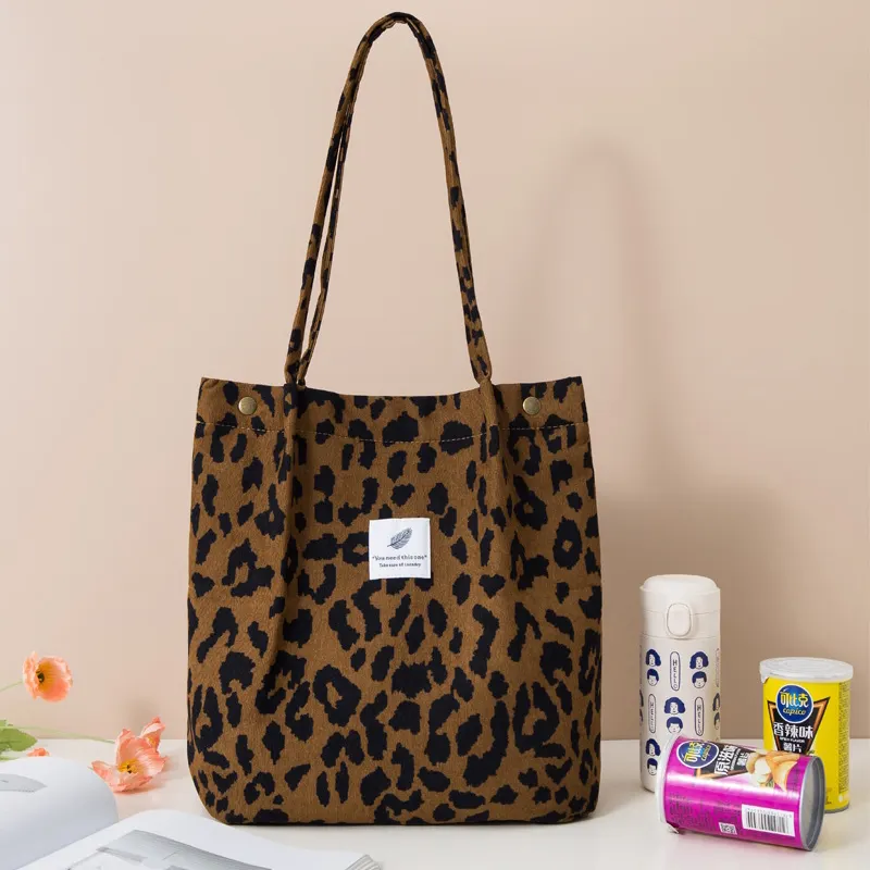 Wholesale Design Hot Selling Leopard Print Corduroy Shopping Tote Bag Environment Recyclable Women's Handbag