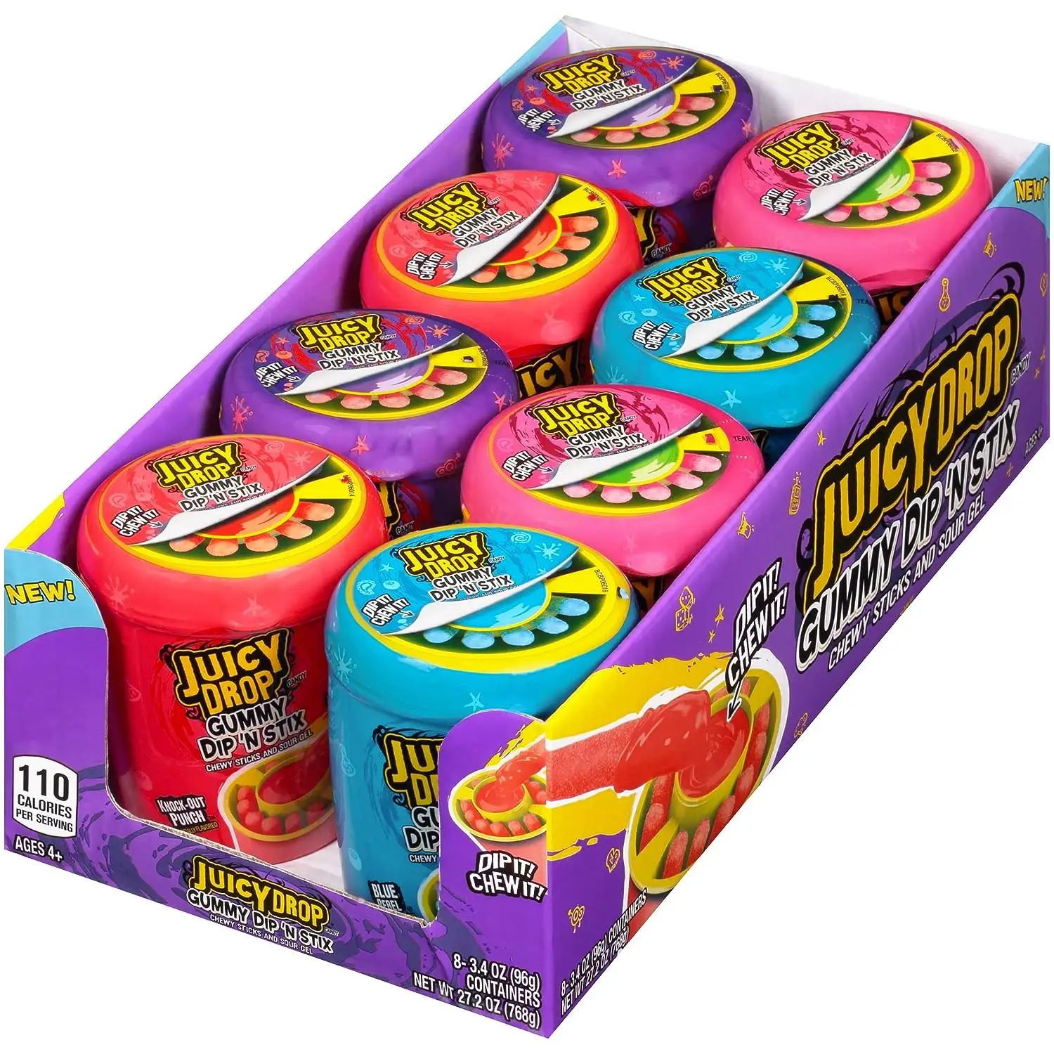 Juicy Drop Gummy Dip 'N Stix Sweet Gummy Sticks con gel de inmersión agria (paquete de 8) marcas americanas de dulces