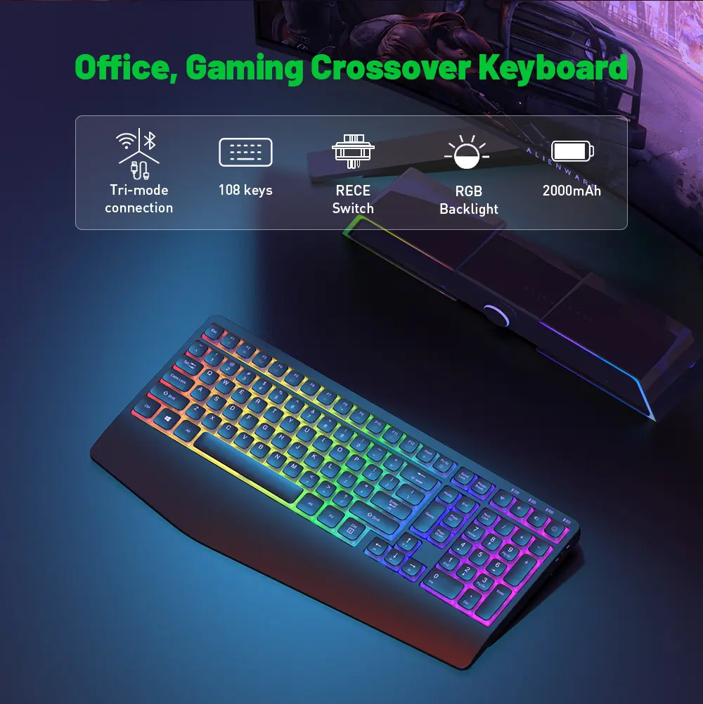 Papan tombol injeksi ganda, warna dapat diatur, kantor, Keyboard Gaming nirkabel profil rendah, keyboard mekanis Bluetooth