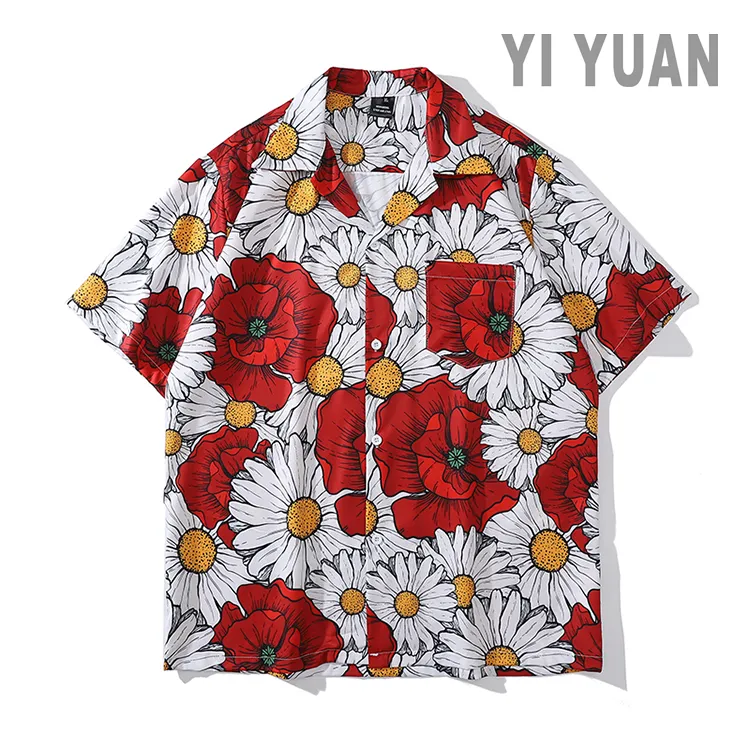 Camiseta de manga corta de poliéster para hombre, camisa informal holgada con estampado de flores rojas a la moda, manga corta hawaiana