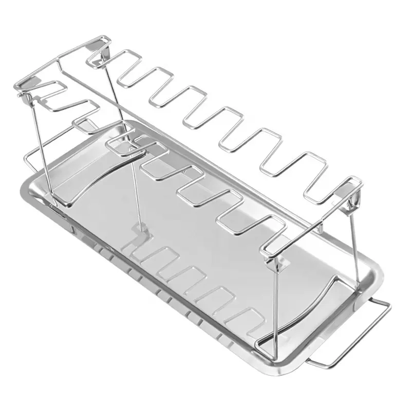 Accessoires pour barbecue en acier inoxydable Fentes verticales pour ailes de cuisses de poulet Support de rôtissoire avec plateau d'égouttement