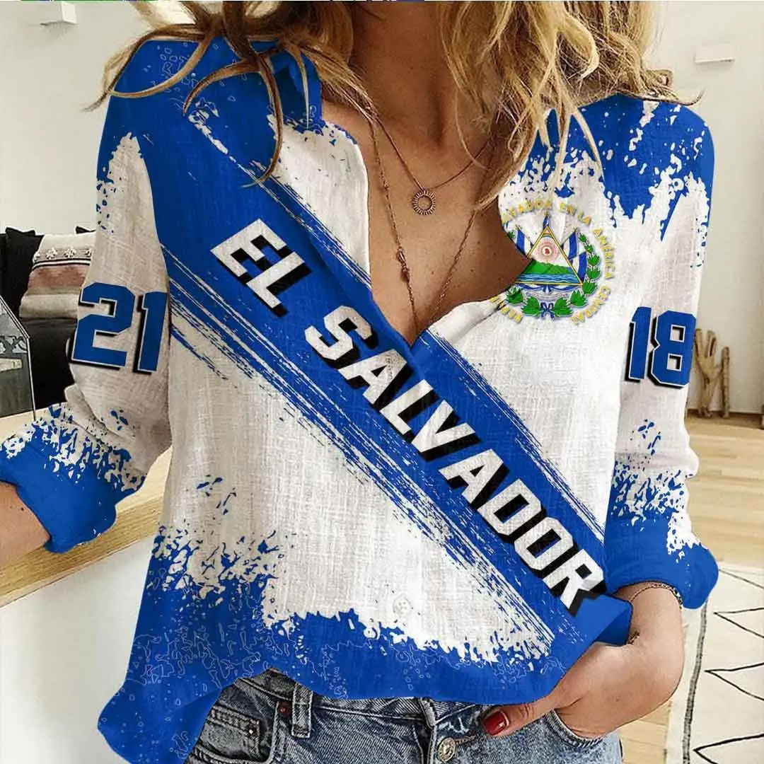 Gran oferta, camisa informal para mujer con patrón de pincel fundado en El Salvador, venta al por mayor, camisas con botones personalizadas con estampado completo para mujer