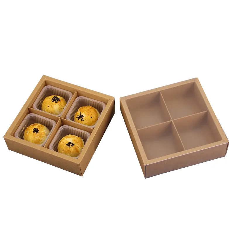 Customize Non Grease Water Proof Disposable 4 Compartment Takeaway PVC Window Craft Paper Food Box for Cup Cake