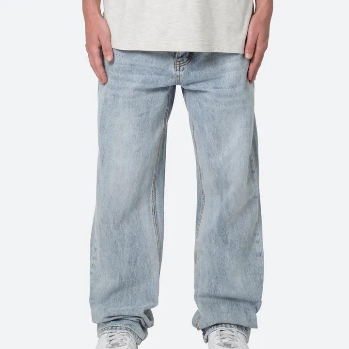 Jeans de perna larga para homens, jeans de alta qualidade com ajuste solto para macaco, lavado em azul claro, personalizado, sólido