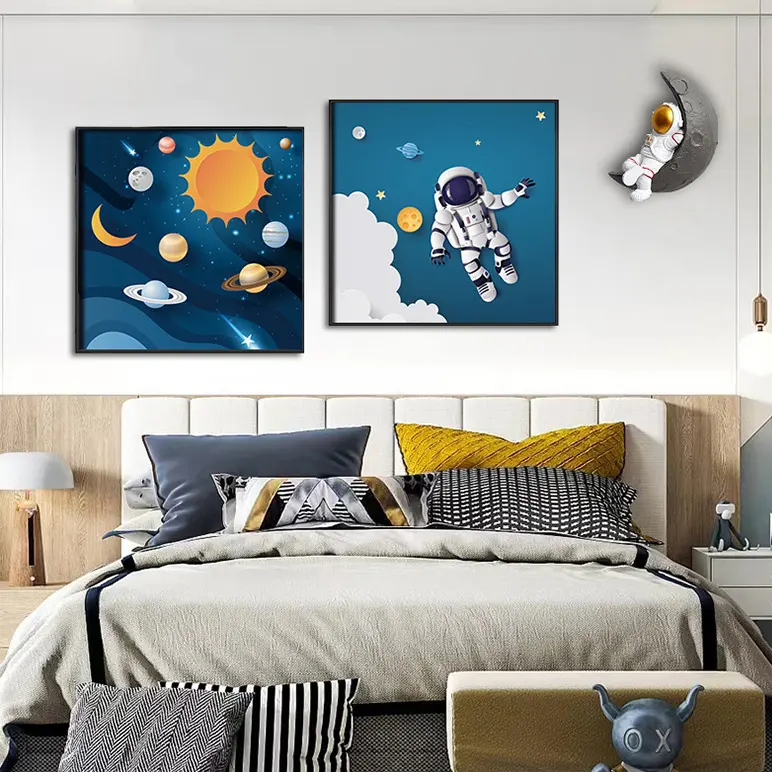 Decoración de pared de habitación para niños, imagen personalizada, espacio de astronauta, impresiones digitales creativas HD, grupo de arte de pared, 3 paneles, pintura en lienzo
