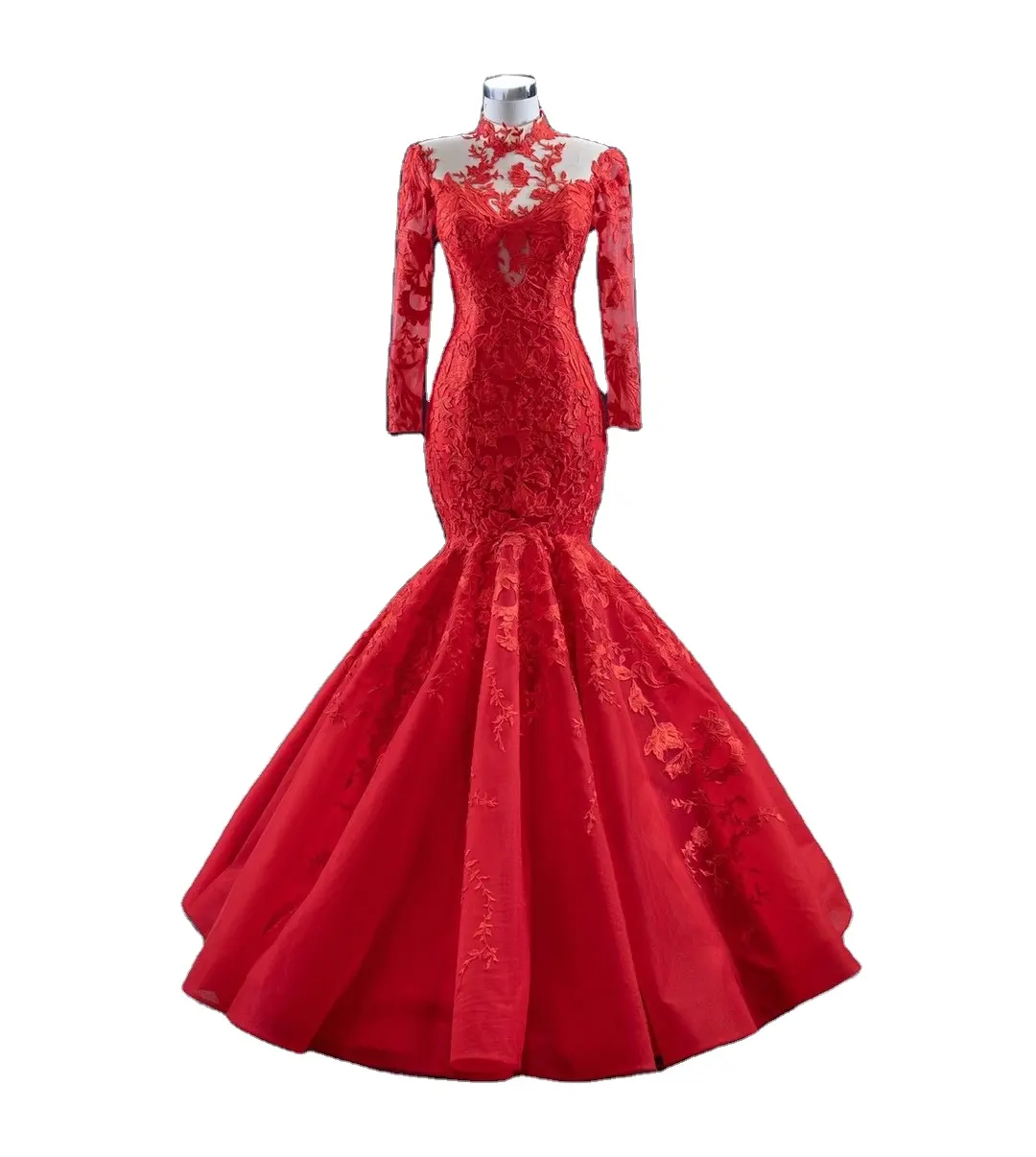 Vestido de baile de sereia vermelho, de mangas compridas para mulheres vestido de noiva