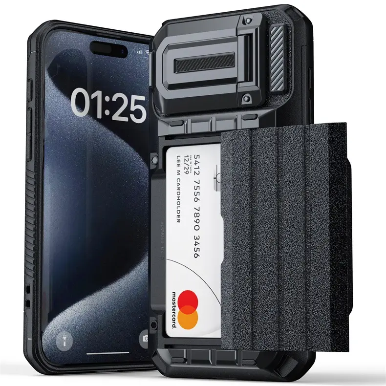 आईफोन 15 प्रो मैक्स प्रीमियम स्टर्डी पूरी तरह से कवर कैमरा लेंस सुरक्षा वॉलेट कार्ड धारक मामला