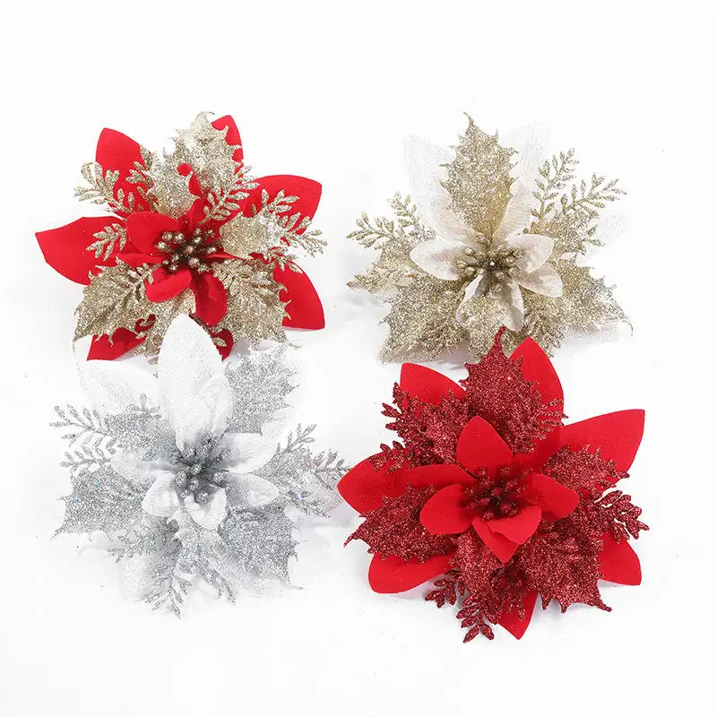 Glitter Christmas Hanging Ornaments Party Decorating Supplies Poinsettia Artificial Christmas Flower For Home Hotel Decoration