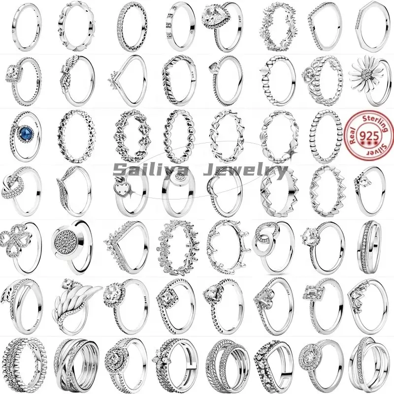 Anello in argento Sterling 925 anello in argento Vintage fiore piuma perla luna anello in argento scintillante da donna