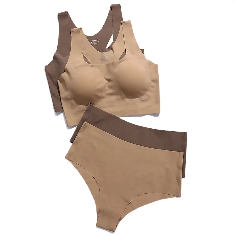 Comfortable women nude color wireless removable pads bra brief sets bra and panty seamless bra set