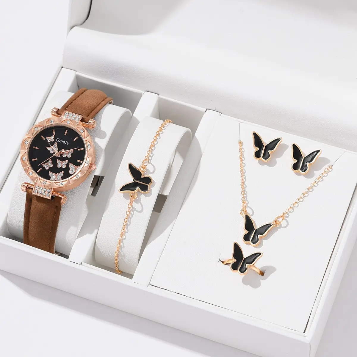 Reloj de lujo para mujer, conjunto de pulsera con anillo, pendientes y correa de cuero de mariposa, de cuarzo, CD108, 6 uds.
