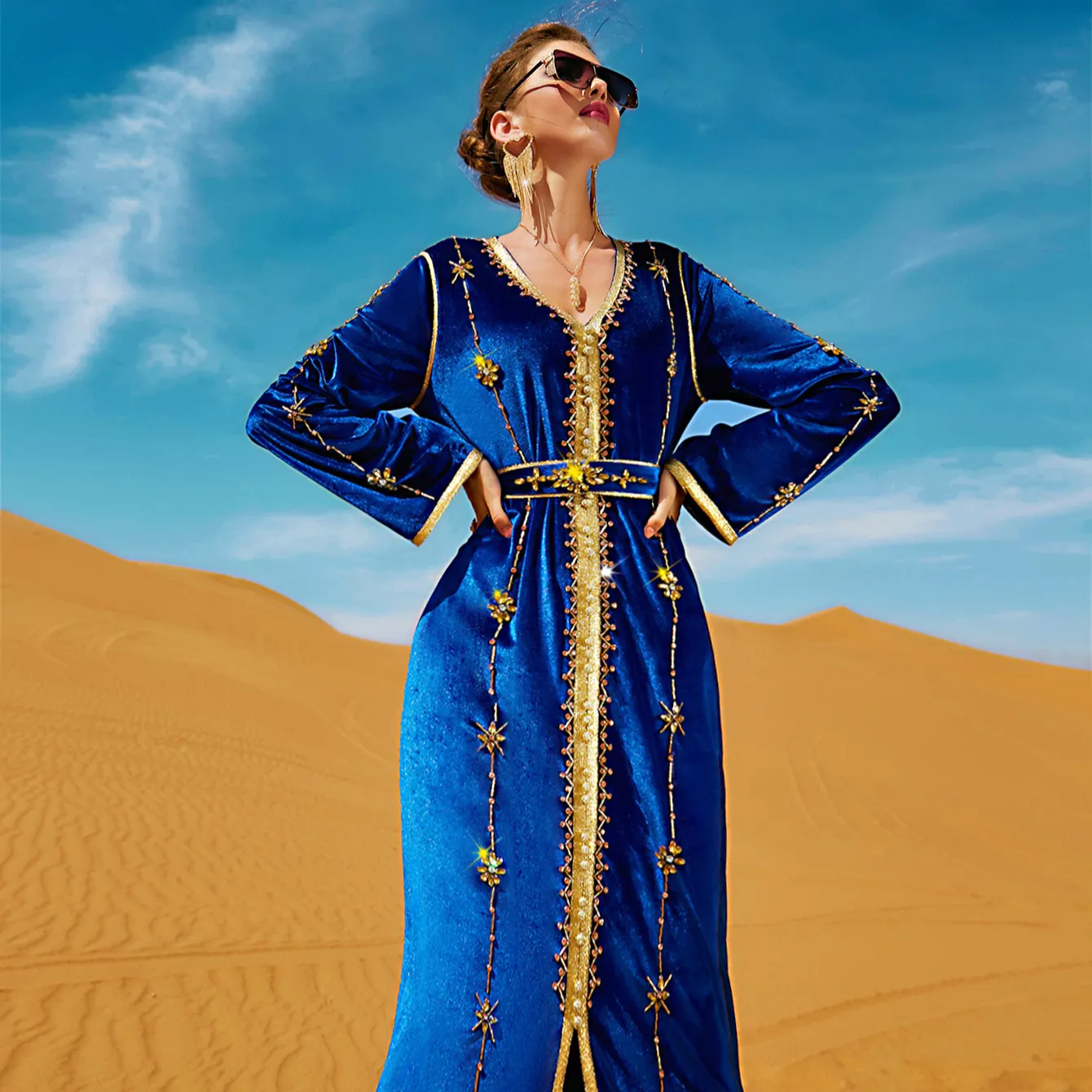 Robe longue en velours bleu Royal, abayas français brodé, robe caftan, 2022