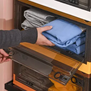 折りたたみ式折りたたみ式スタッカブルプラスチック収納ボックス & ふたとハンドル付きビンクレートコンテナ衣類おもちゃの本スナック食料品 - Product Image 4