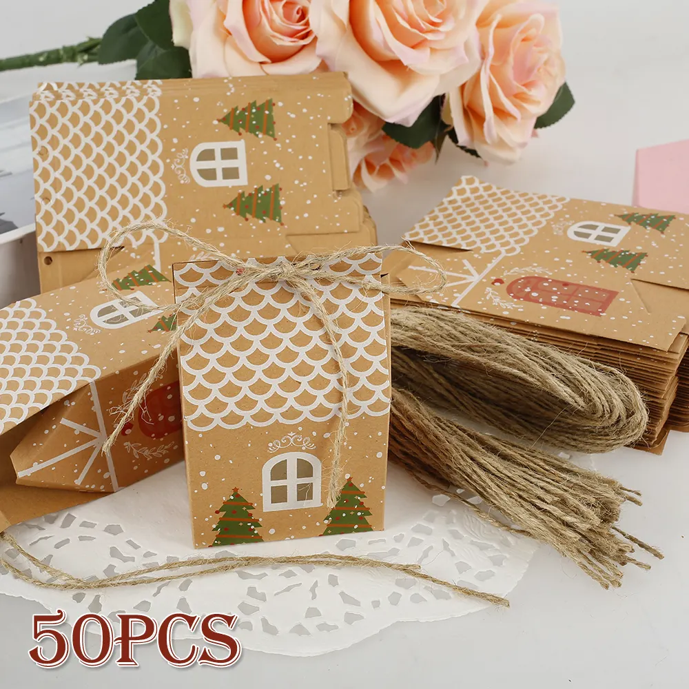 Custom Christmas House Shape DIY Cookie Candy Box Gift Bags Wedding Gift Wrapping Paper Box With String