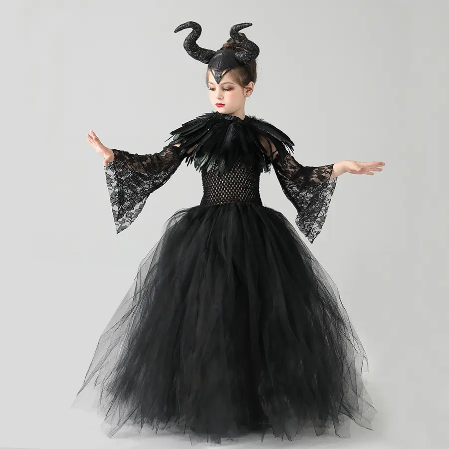 Maleficent Witch Dress Kids Halloween Cosplay Performance Costume Girls Black Net garze Dress