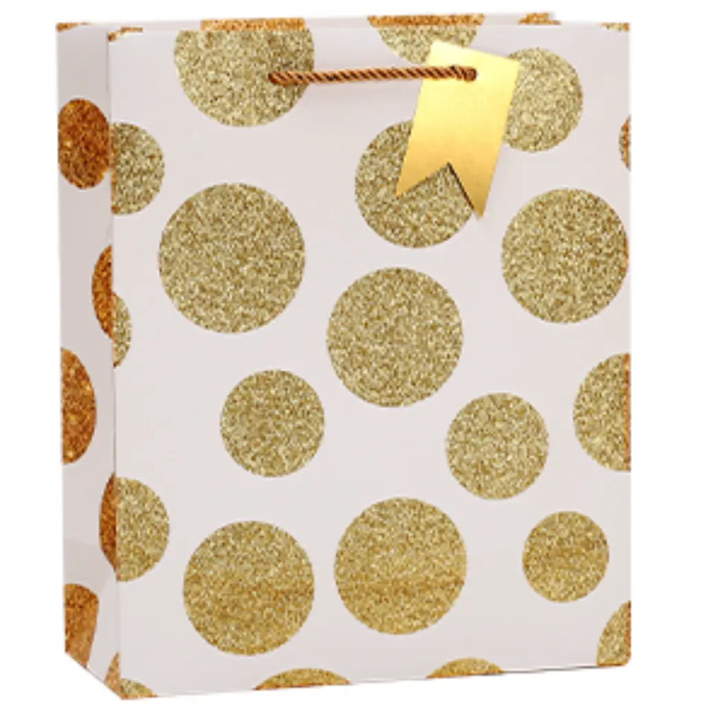 Sacchetti di carta per la spesa in lamina d'oro a pois in cartone con stampa offset personalizzati per abbigliamento