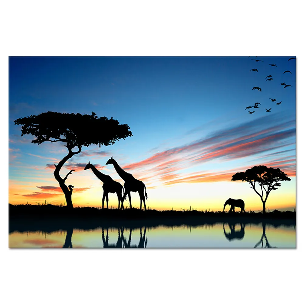 Toile africaine avec girafe, paysage du coucher du soleil, peinture imprimée d'images