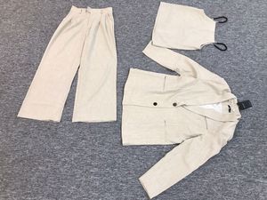 カジュアルスーツワイドレッグパンツ付きスリーピースセット女性用ファッション2023年夏高度アプリコットシルエットリネン