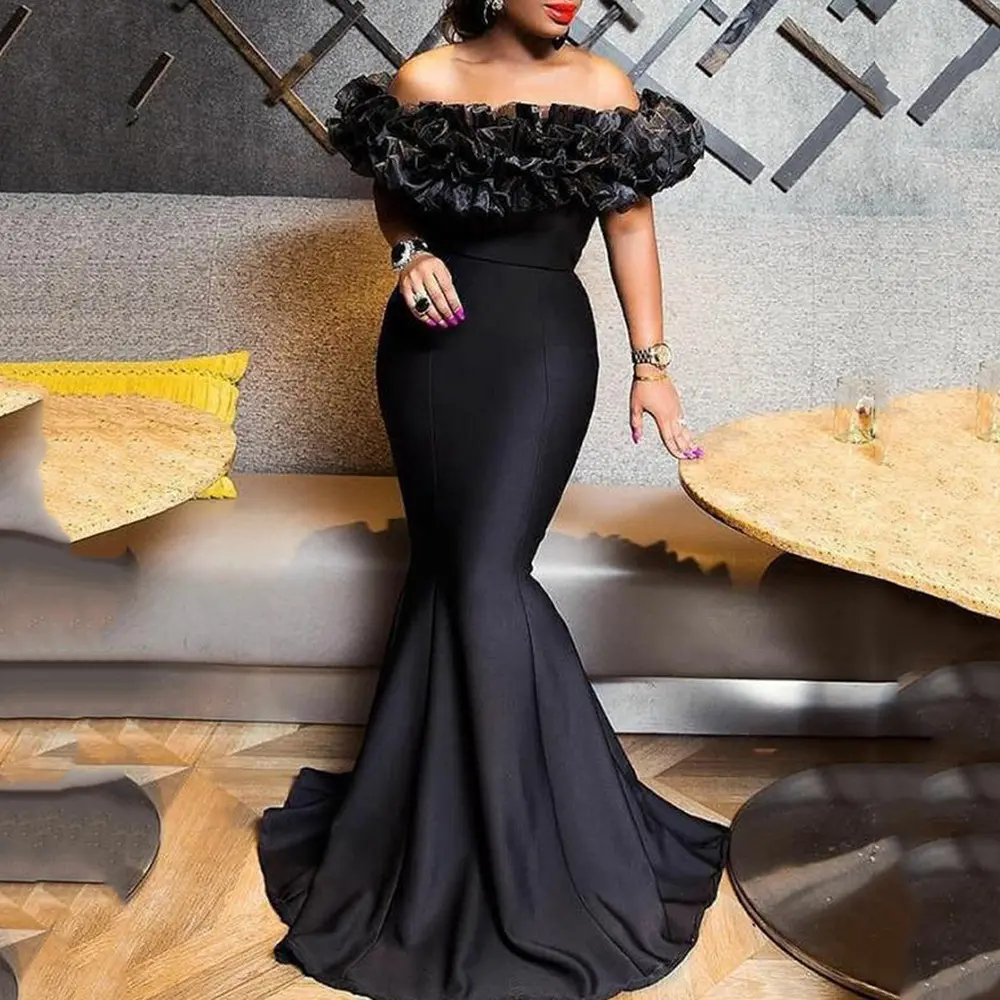 Sexy Chặt Chẽ Evening Dresses Phụ Nữ Ruffles Nàng Tiên Cá Wedding Party Dresses Prom Tầng Chiều Dài Đảng Cho Phụ Nữ Đen Đầy Đủ Cổ Điển