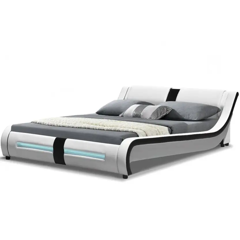 Neueste Design König Größe Weiß Faux Leder Gepolsterten Bett mit Led für Schlafzimmer Möbel