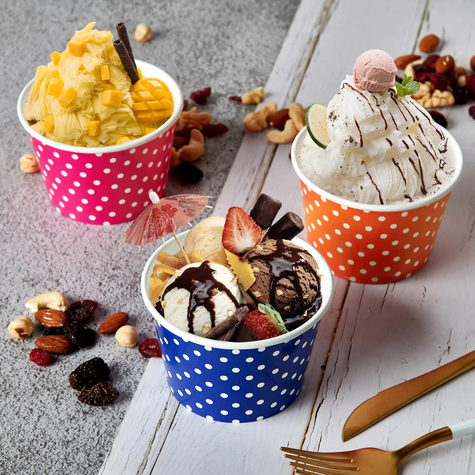Sıcak satış 150 adet/kutu 8oz Polka Dot baskı tek kullanımlık tatlı dondurma dondurma kağıt bardak