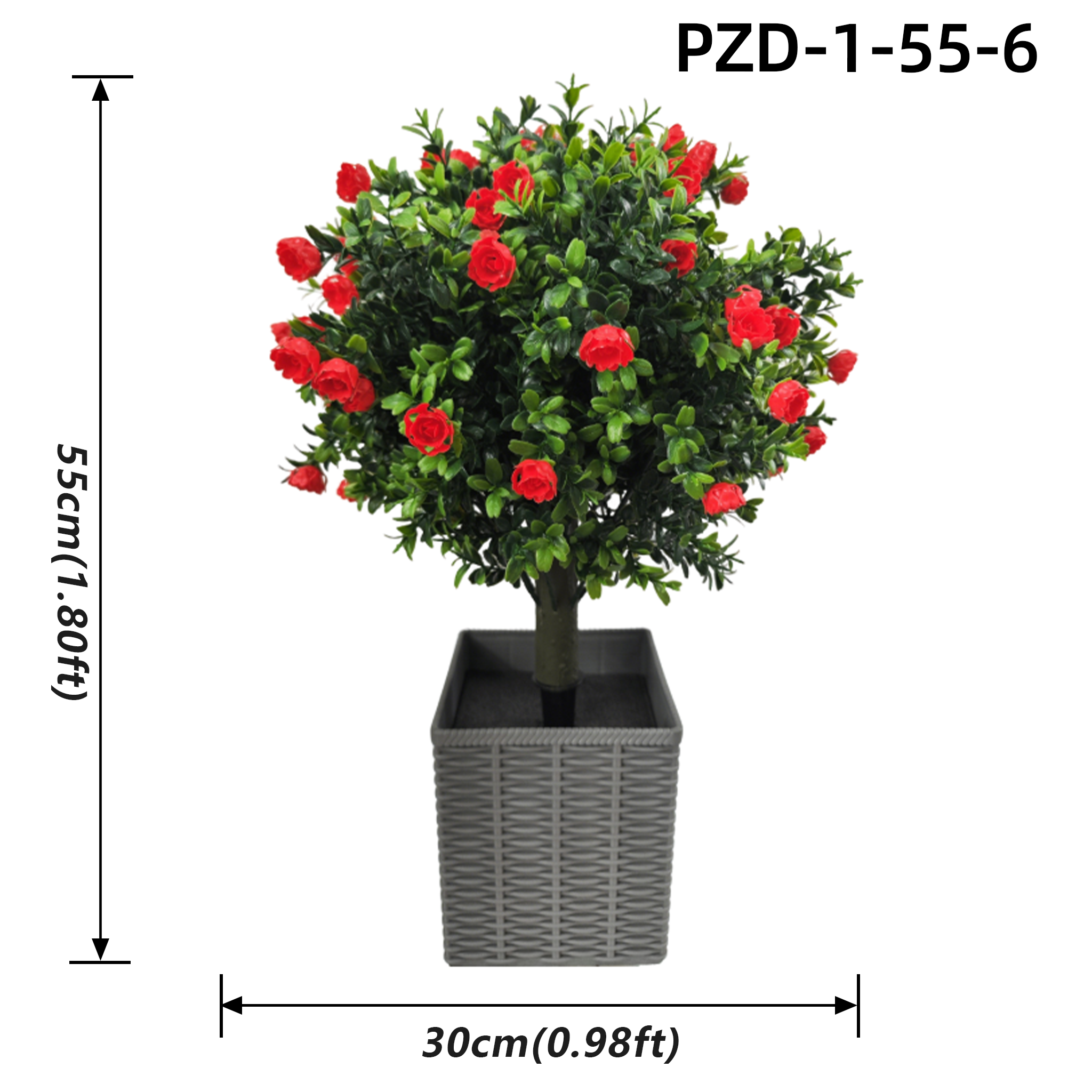 Red Artificial Rose Potted Topiary Tree In Rattan Plastic Pot