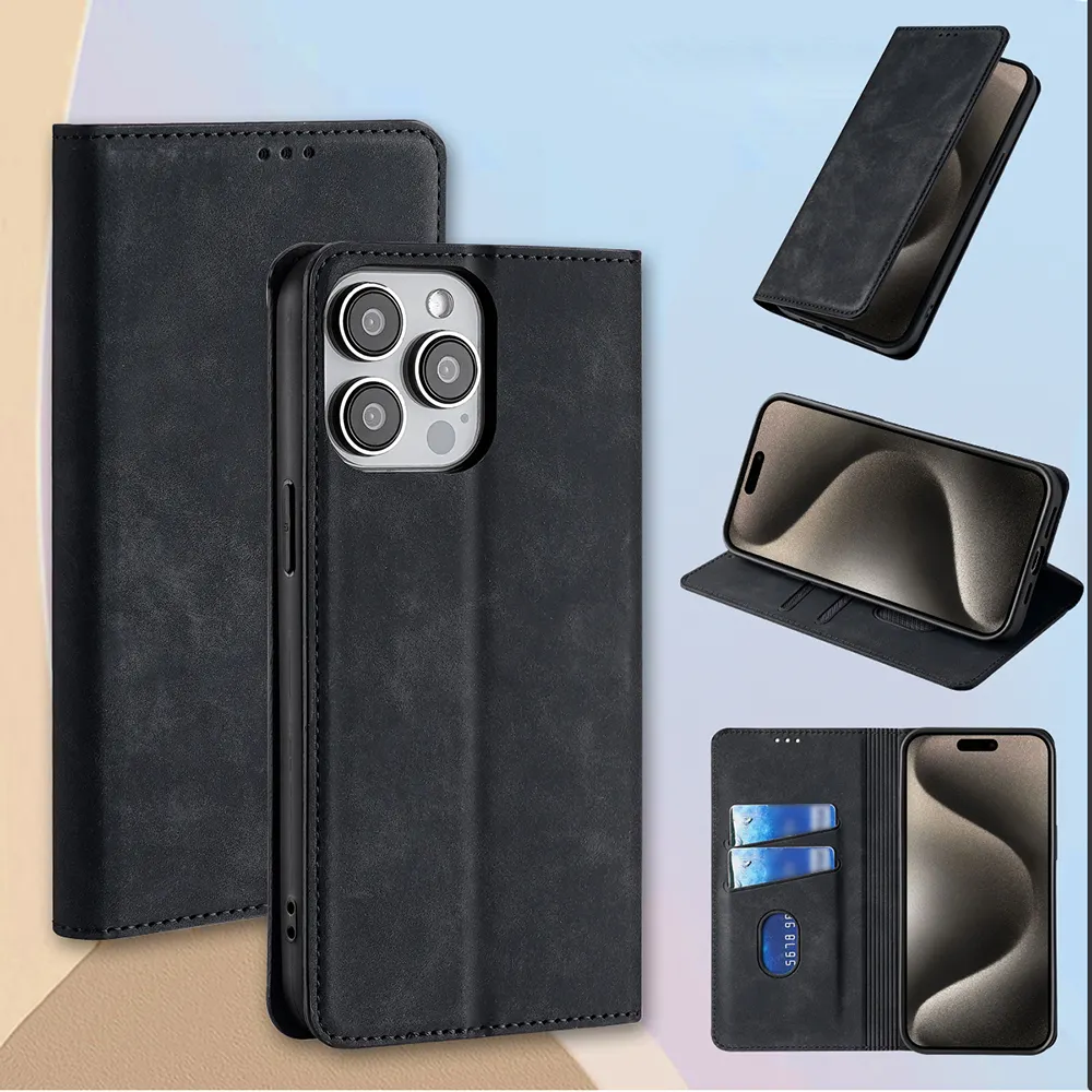Luxury Magnetic leather case for iphone 15 14 13 12 11 Pro Simple shockproof Cards slot Wallet Case