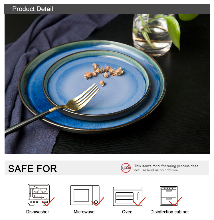 Blue Ceramic Dinner Plate Wholesale Flat Cafe Plates