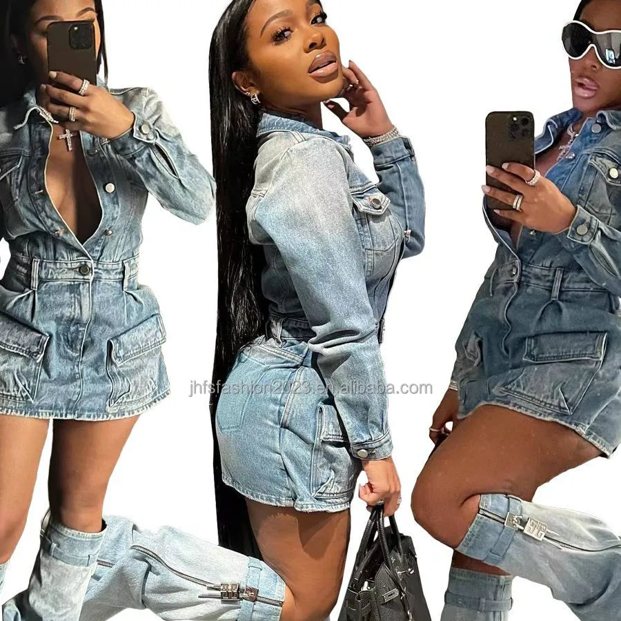 High fashion chic multi pockets jean dress with calf sleeves ladies sexy blue denim vintage dress suits fall 2023 clothes