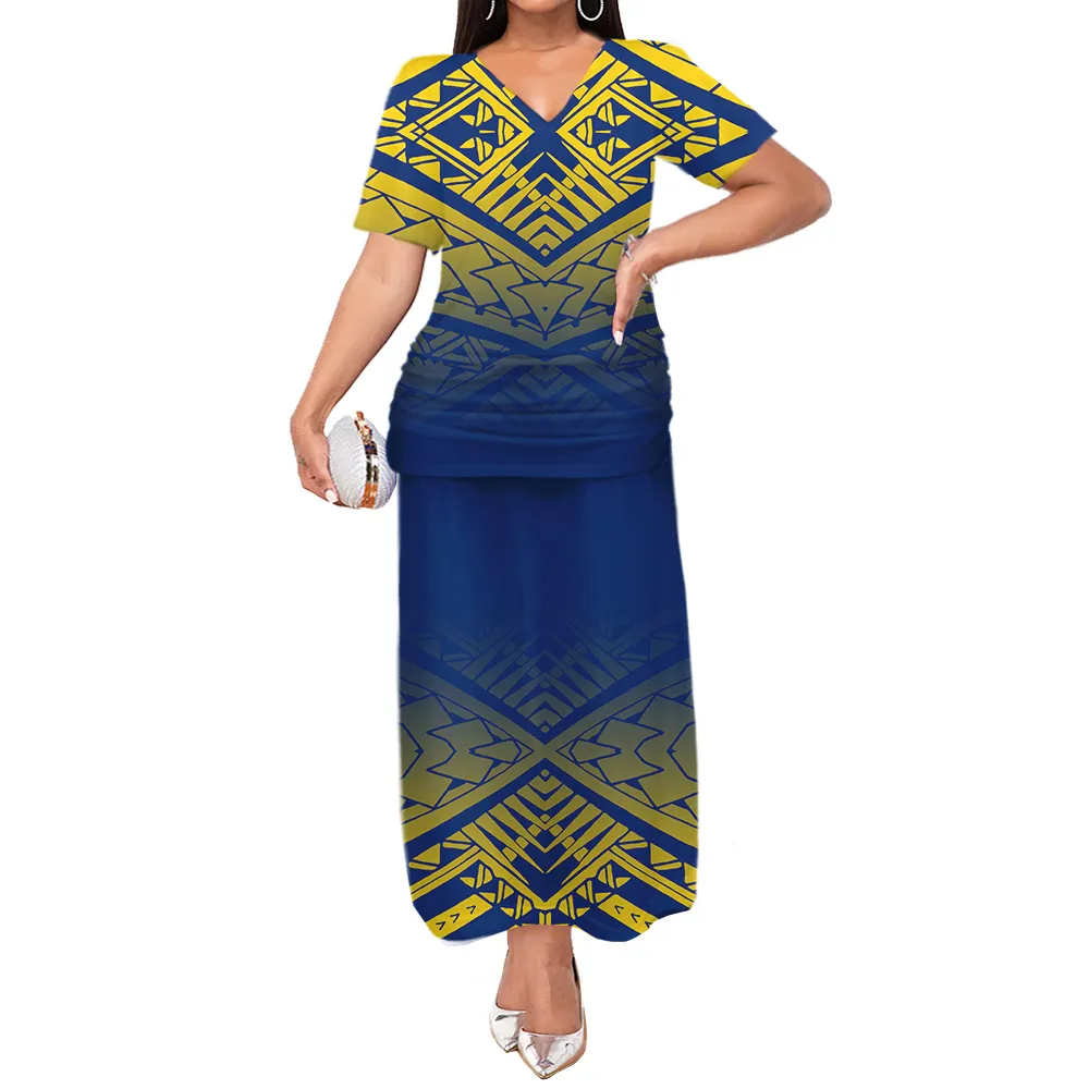 Vestido estilo étnico decote em v, vestido de puletasi saman ptaha, amarelo, azul, degradê, saia, conjunto de 2 peças, uniforme igreja, chupeta